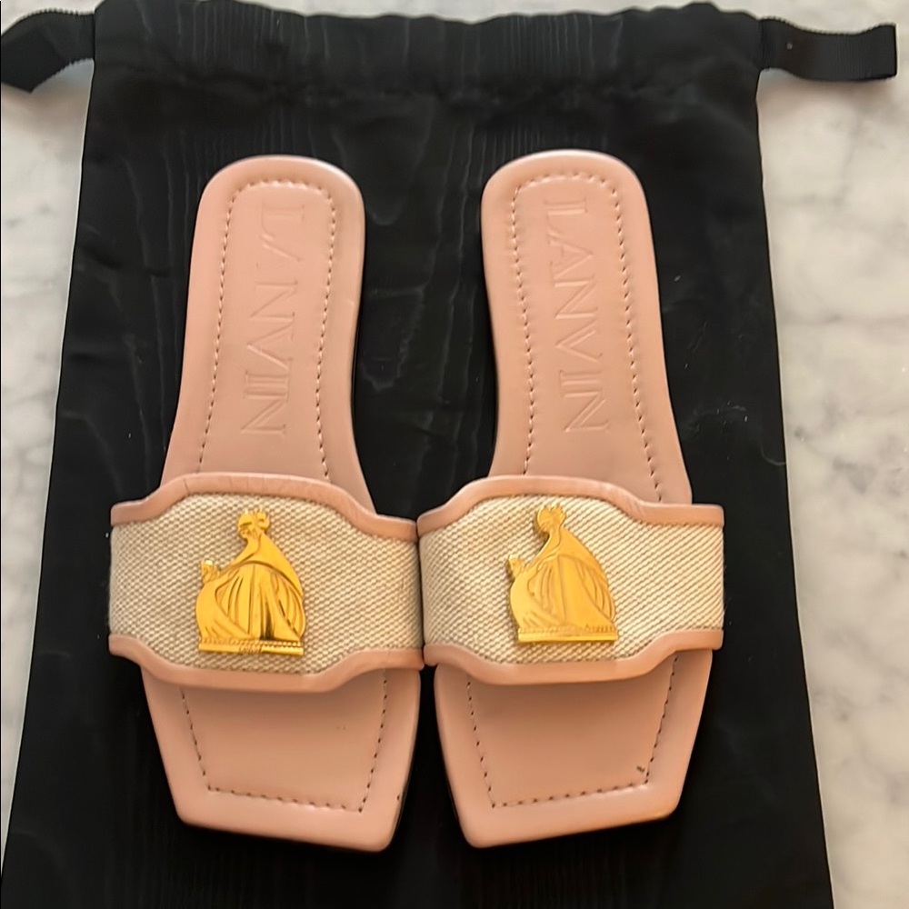 Lanvin Nude and Gold Embellished Slides